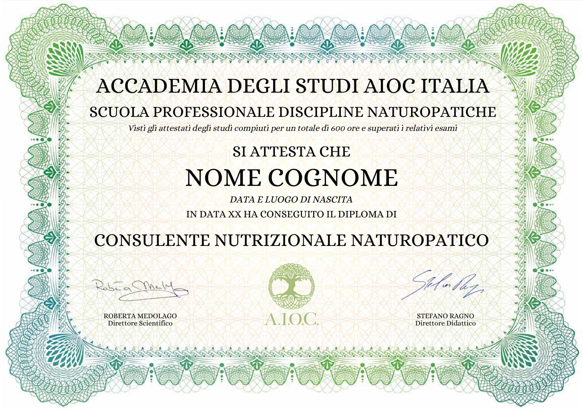 Certificato Specializzazione Consulente Nutrizionale Naturopatico