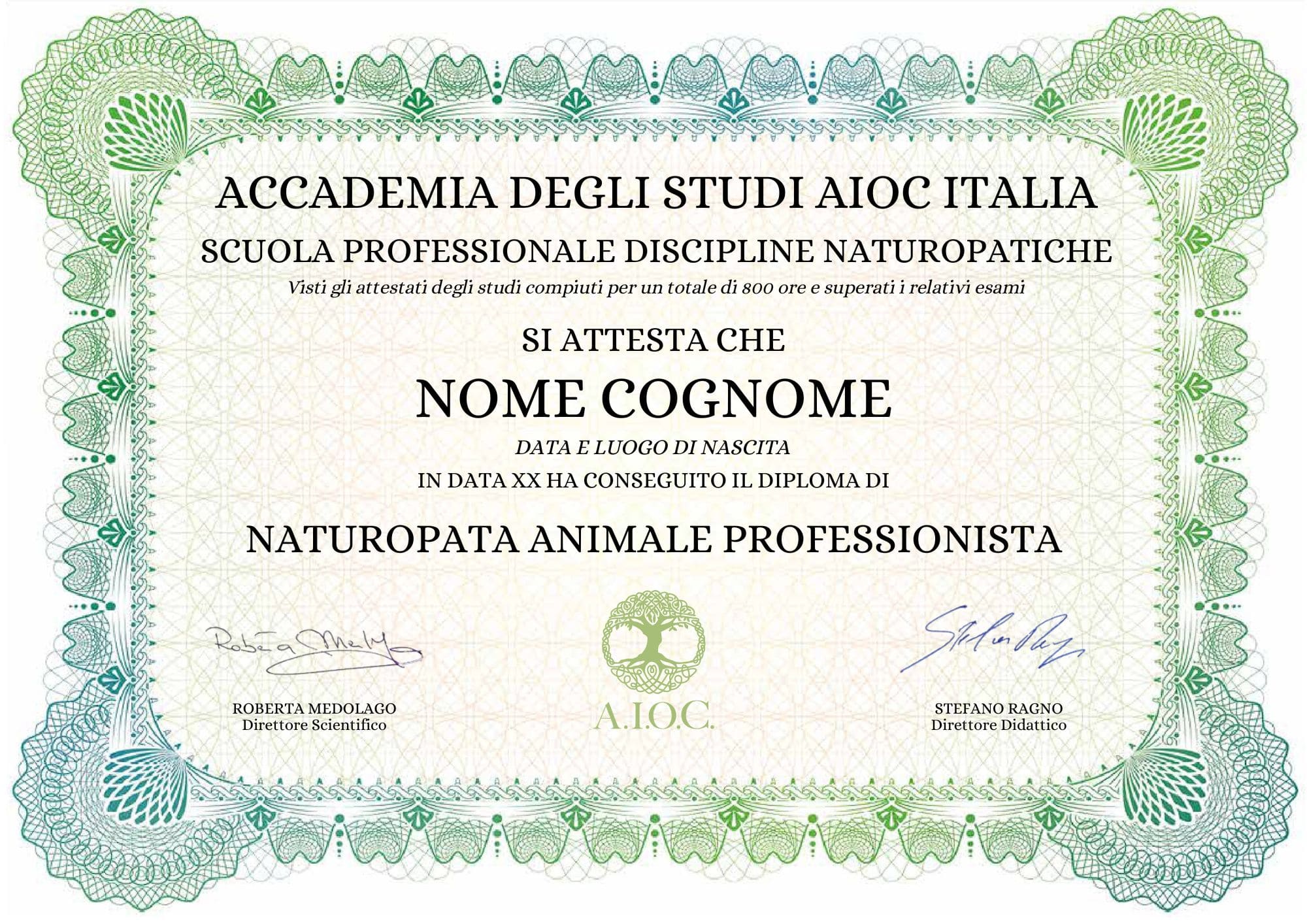 Certificato Specializzazione Naturopatia Animale Integrata